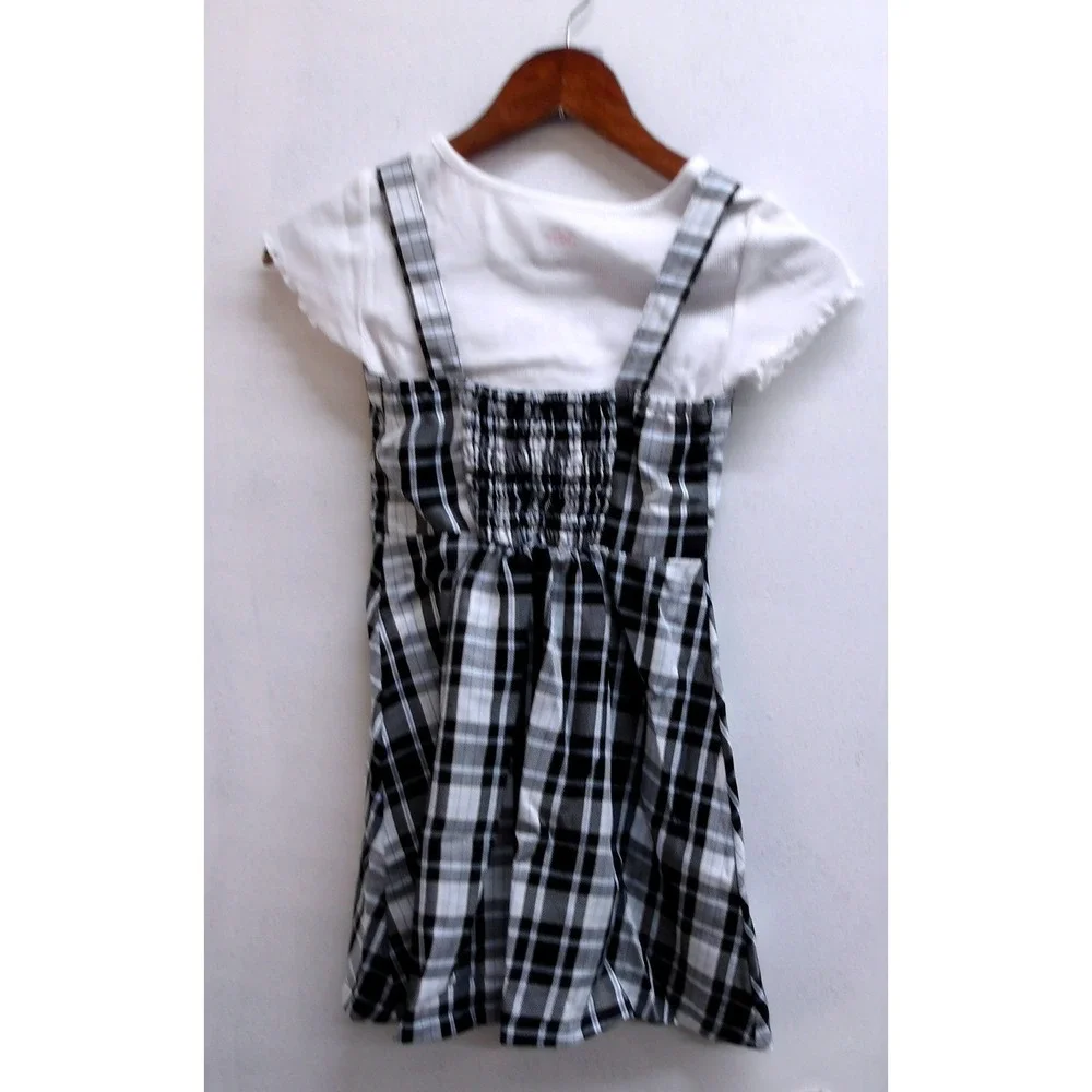 Justice Girls Plaid Jumper Dress‎ White Layered TShirt Set Girls S (7/8) #